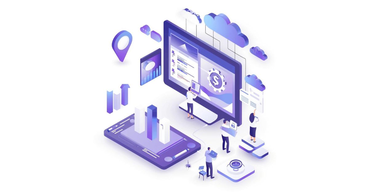 Local SEO Considerations for Enterprise SaaS white background, main colors light purple and dark blue, small people analyzing and working with SEO