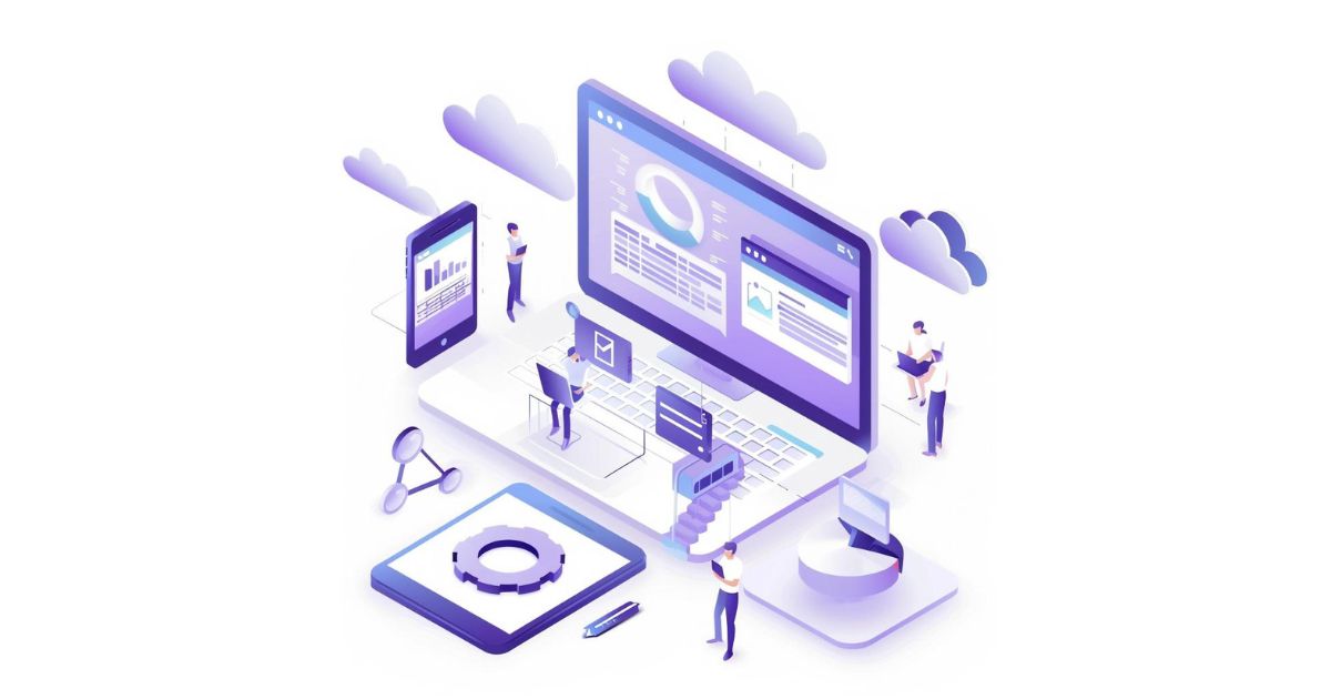 Measuring and Monitoring Enterprise SaaS SEO Success, white background, main colors light purple and dark blue, small people analyzing and working with SEO