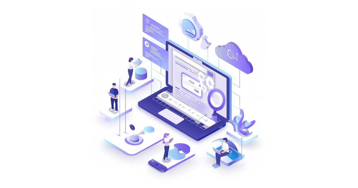 Off-Page SEO Strategies for Enterprise SaaS , white background, main colors light purple and dark blue, , small people analyzing and working with SEO