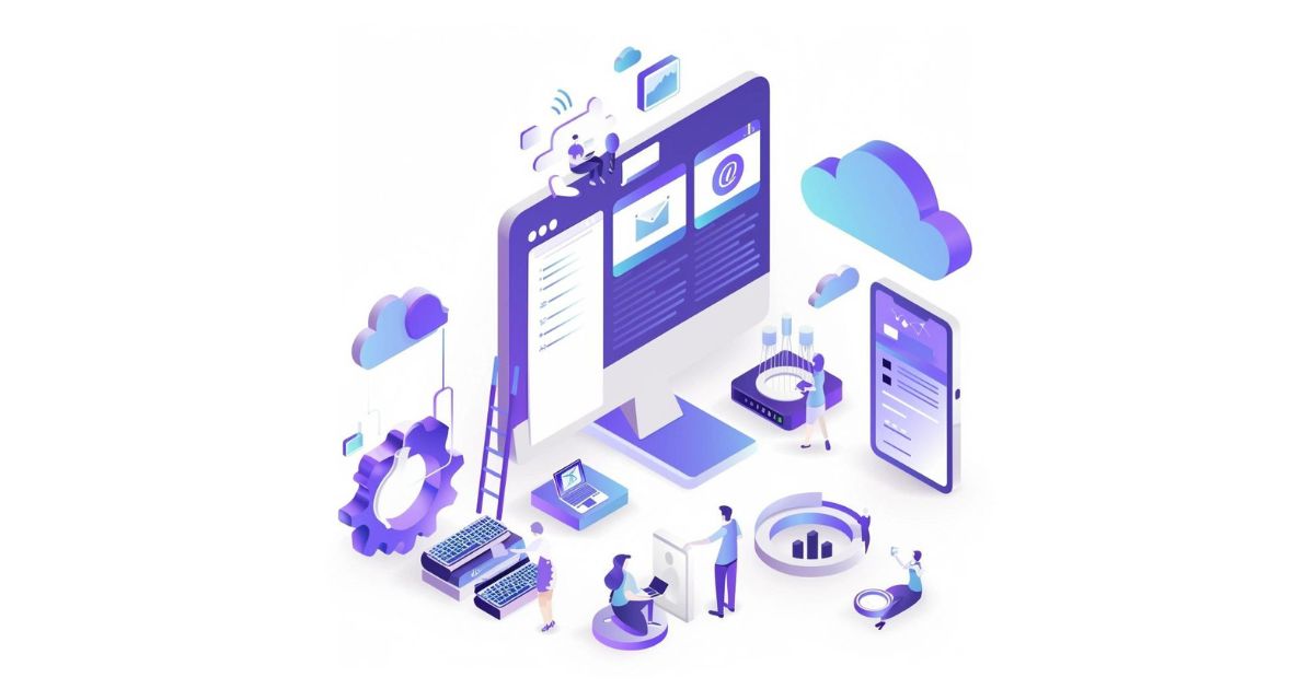 On-Page SEO for Enterprise SaaS Website, white background, main colors light purple and dark blue, small people analyzing and working with SEO