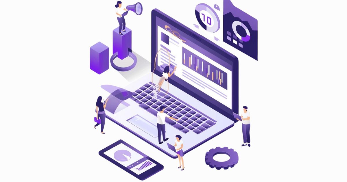Tracking for B2B SaaS SEO, small people SEO team, purple color and white