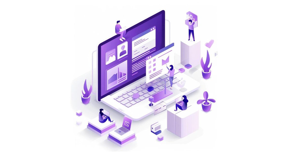 Content Marketing, simple design, people and interfacesr screen windows, colors purple and dark blu