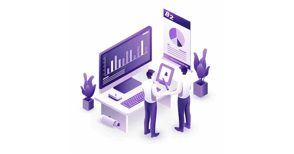 Our Tips for Choosing the Best B2B SEO Agency, white background, main colors light purple and dark blue, SEO small people analyzing