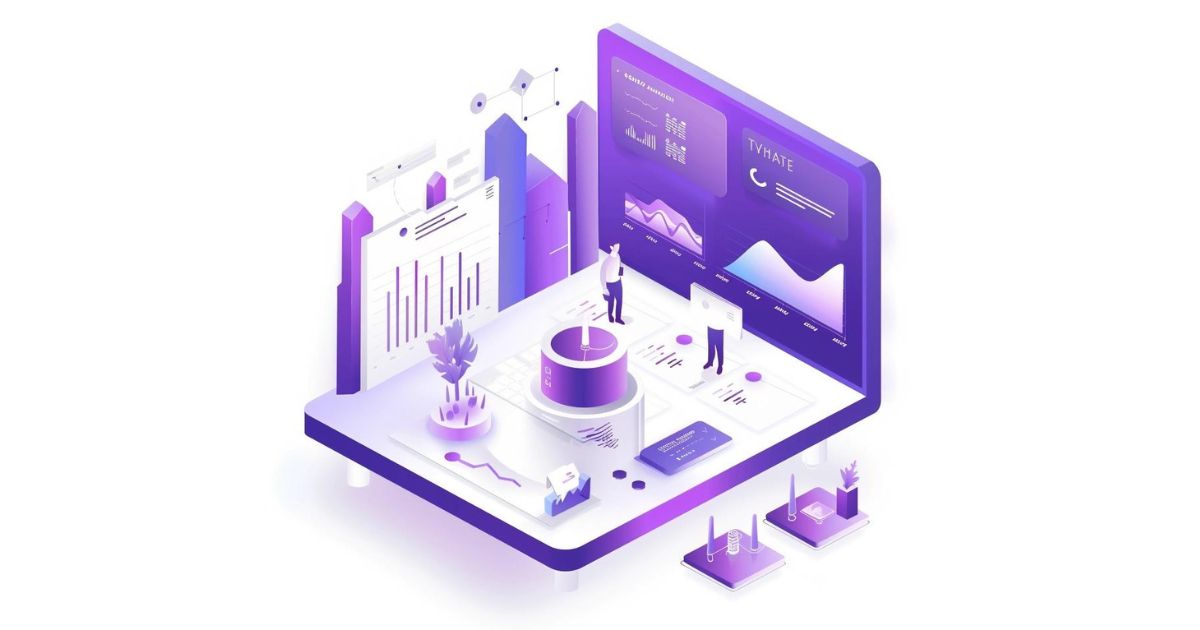 SEO Platforms, computer, analytics, diagrams, small people, purple
