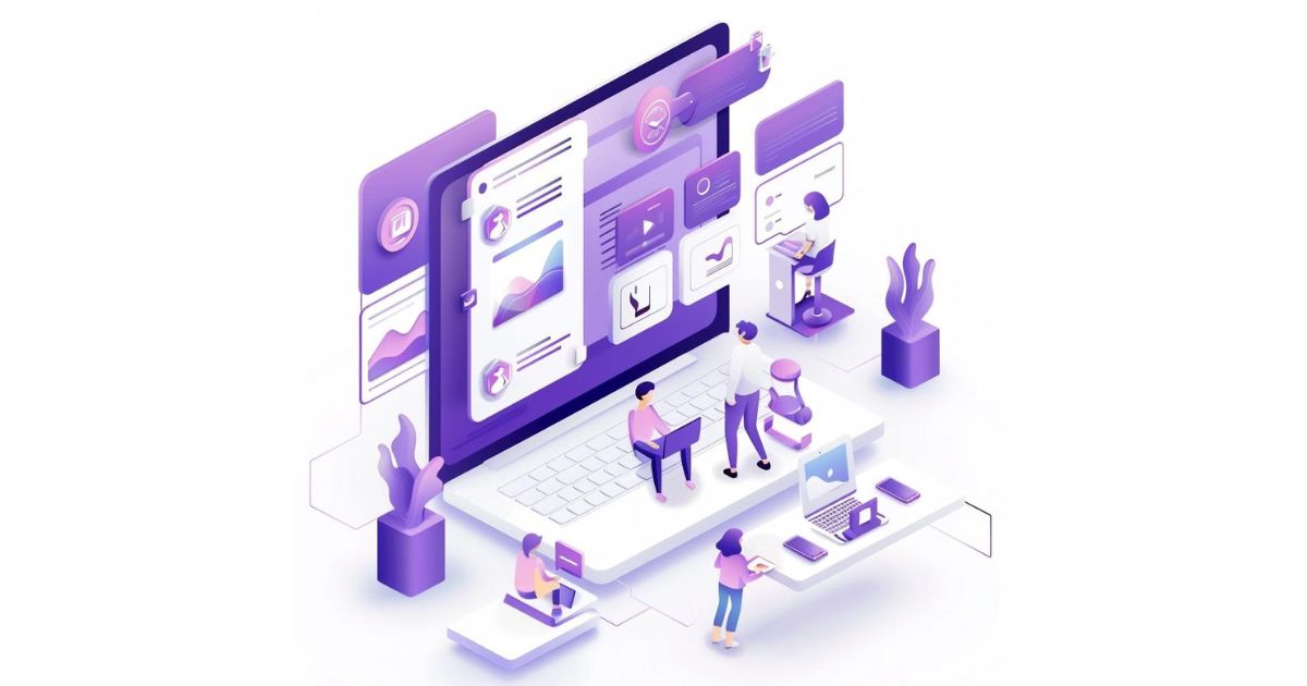 SEO keyword people and interfaces with 3D laptop computer screen windows and pictograms with human characters and text vector illustration, other colors purple and dark blue