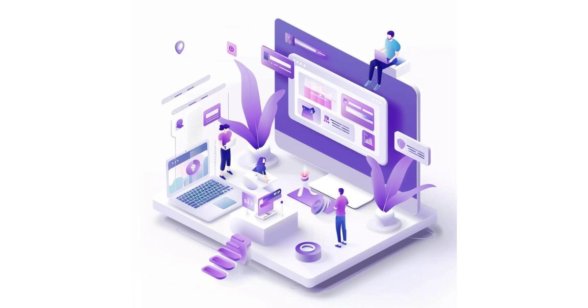 SaaS content. white background, simple design, people and interfaces with 3D laptop computer screen windows and pictograms with human characters and text vector illustration, other colors purple and dark blue (2)