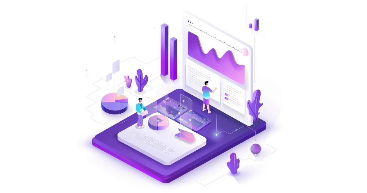 eCommerce SEO Audit, web page, computer, image and paragraphs, two small man , white background, bright purple or dark blue dominant colors, clouds, bushes, circle diagram, analyzing