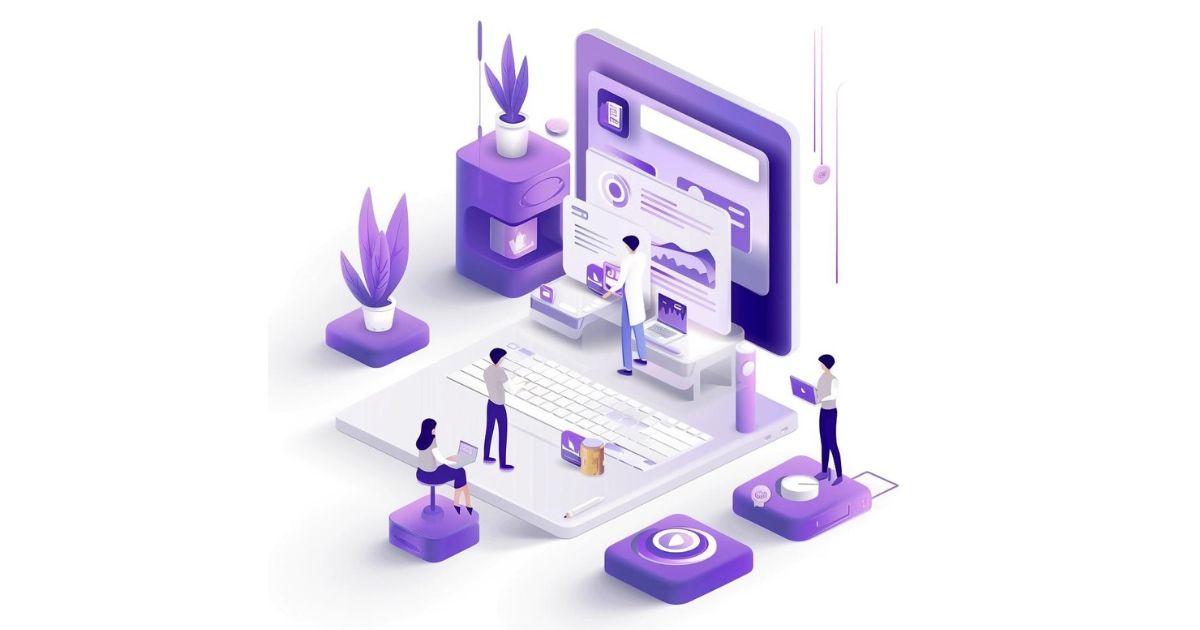 experimenting with different formats, 3D laptop computer screen windows and pictograms with human characters and text vector illustration, other colors purple and dark blue 