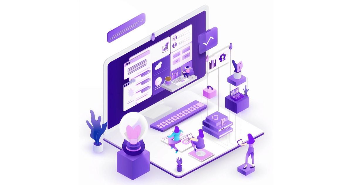 simple design, people and interfaces with 3D laptop computer screen windows and pictograms with human characters and text vector illustration, other colors purple and dark blue