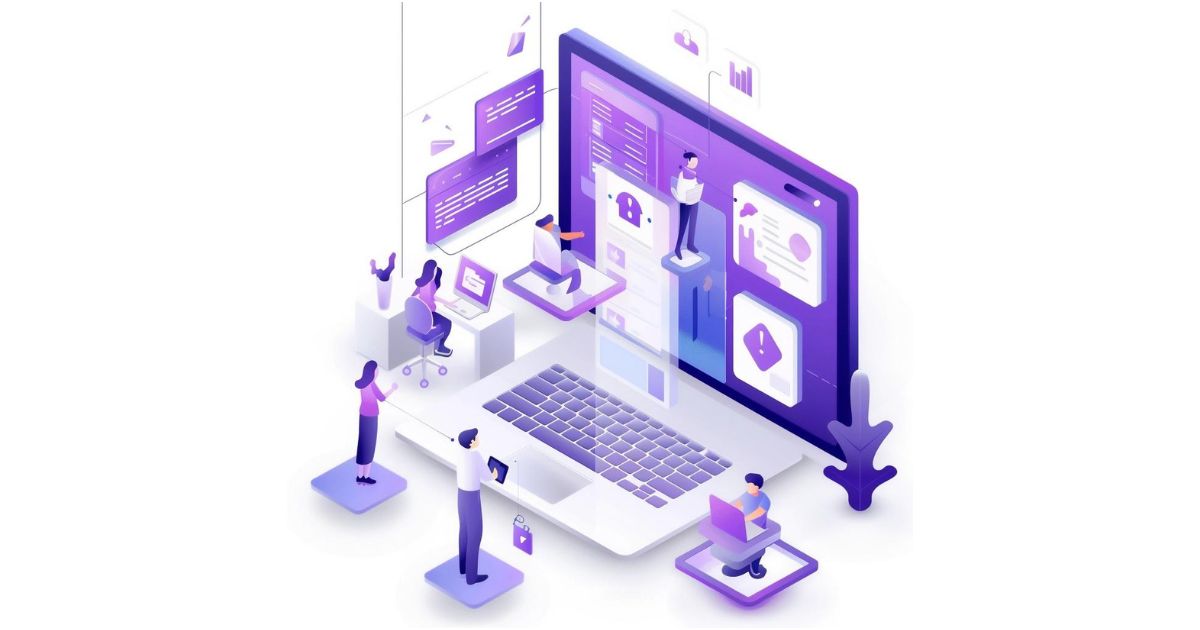 email marketing, simple design, people and interfaces with 3D laptop computer screen windows and pictograms with human characters and text vector illustration, other colors purple and dark blue