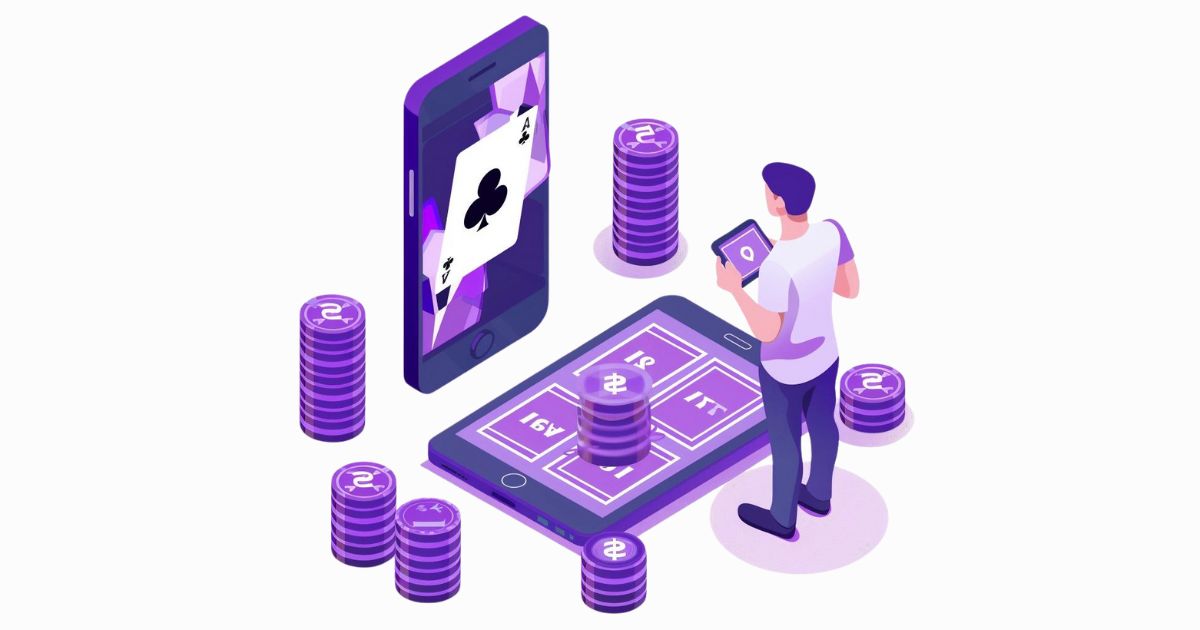 Selecting and Integrating Casino Games, with smartphone playing poker and casino with cards and chips,