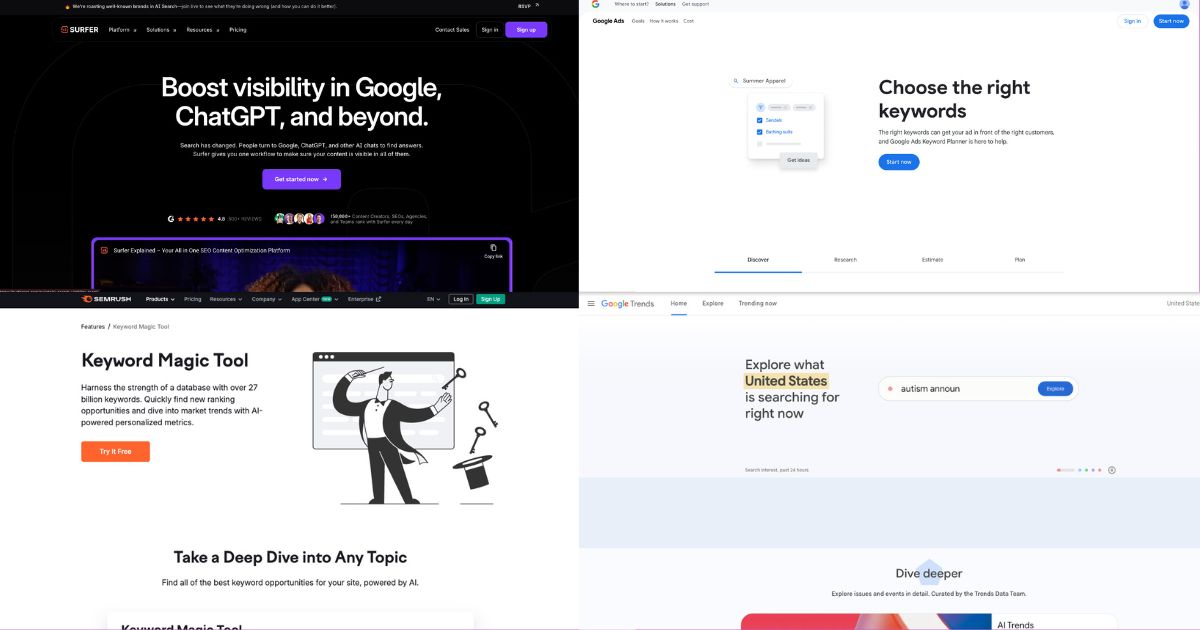 SEO keyword tools (Google Keyword Planner; Google Trends; SurferSEO; Semrush's Keyword Magic Tool)